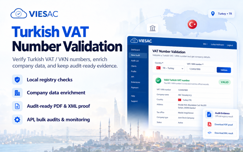 Turkish VAT validation and VKN check — official GİB e-Fatura registry records and audit certificate in VIESAC