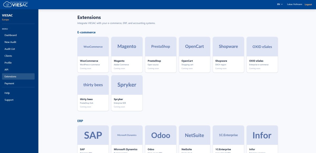 Extensies — VIESAC screenshot