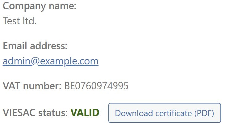 Order admin — VIESAC status VALID, Download certificate