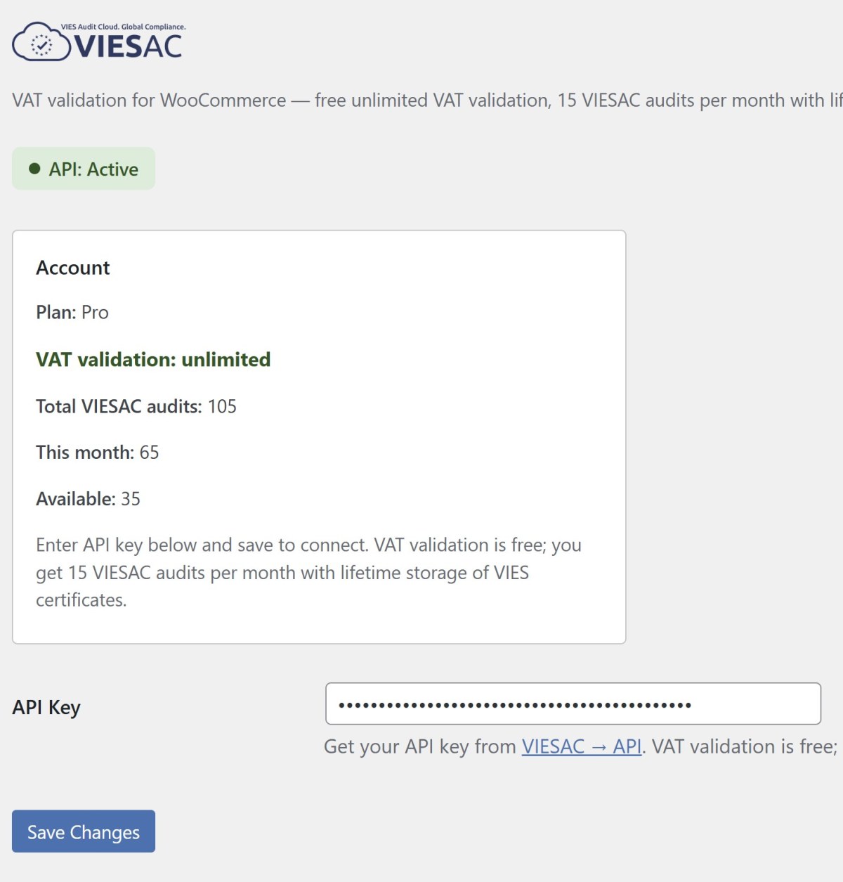 VIESAC WooCommerce-instellingen — API-status, accountinfo, BTW-validatie